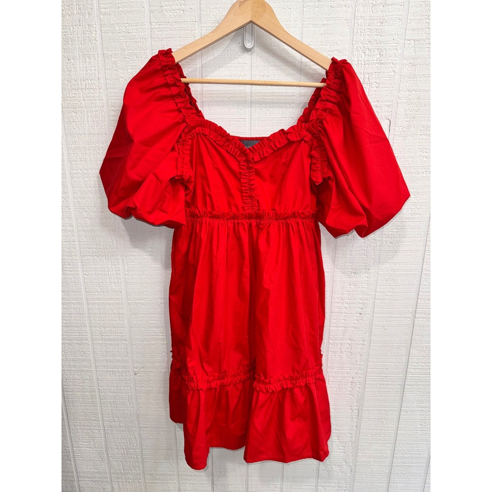 Hudson Gray Mini Dress Womens Red Puff Sleeve Ruffle Smocked Back Pockets S